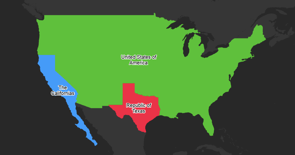 Interactive map editor showing a custom North America with independent territories